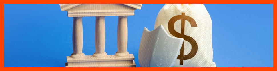 Treasury building sculpture with bag of money next to it