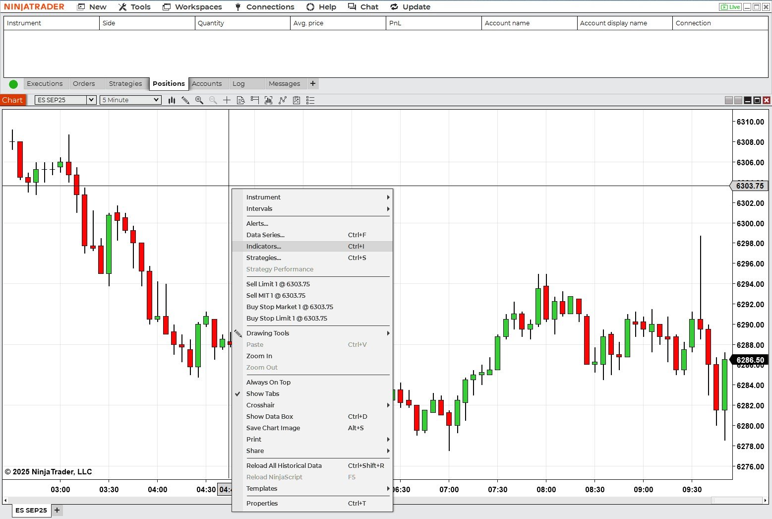 NinjaTrader chart window for the ES SEP25 contract displaying candlestick data with the right-click context menu open. Menu items include indicators, strategies, drawing tools, and options for reloading and printing the chart.