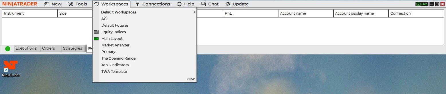 NinjaTrader desktop with the 'New' dropdown menu open, and the 'Chart' option highlighted. A candlestick chart of ES SEP25 is visible in the background.