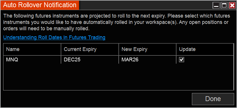 Auto rollover notification in the NinjaTrader Desktop platform.