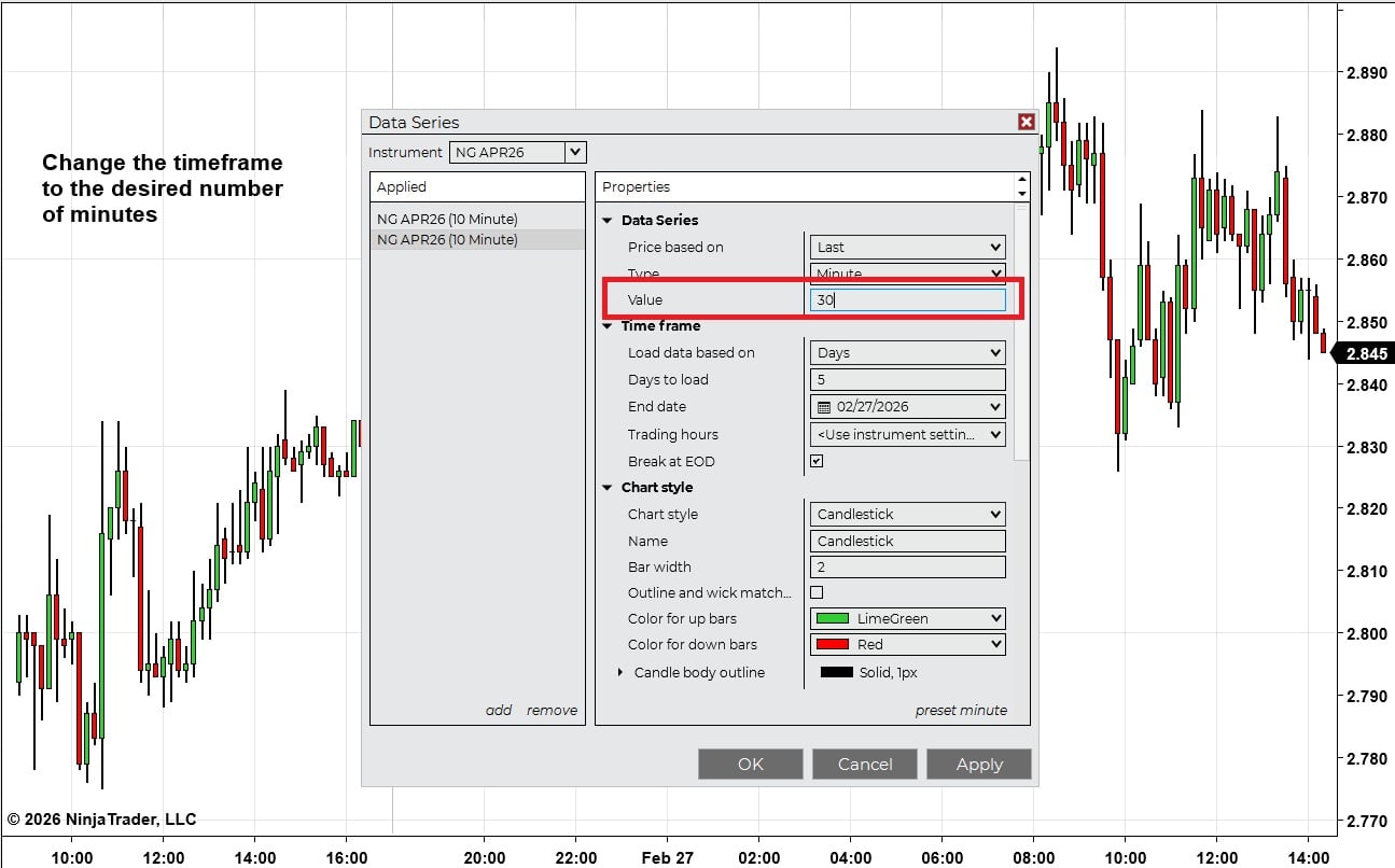 How to Apply Timeframes in the NinjaTrader Platform - Add New Timeframe Step 2 Change Value