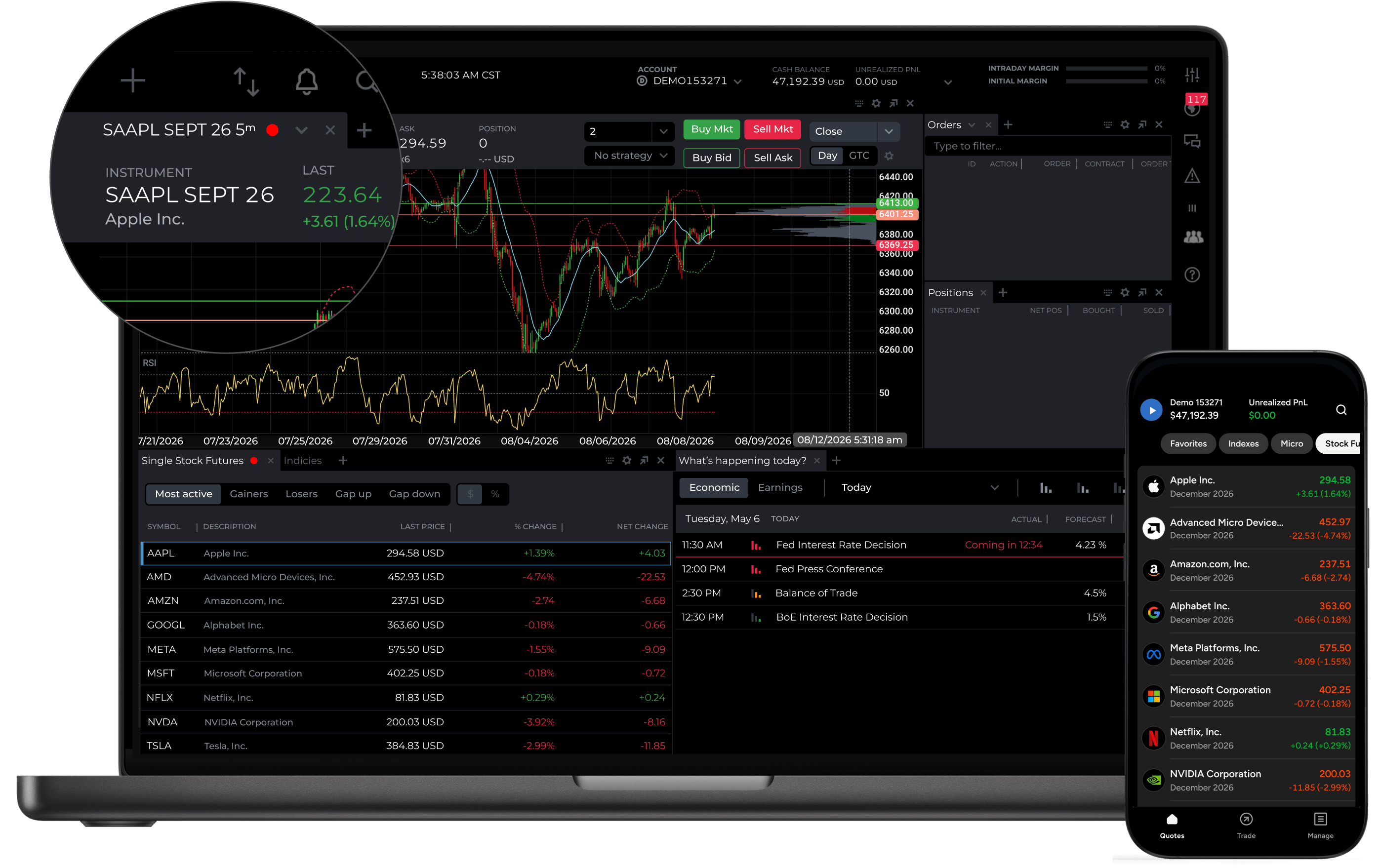 NinjaTrader platform showing single stock futures trading in simulation