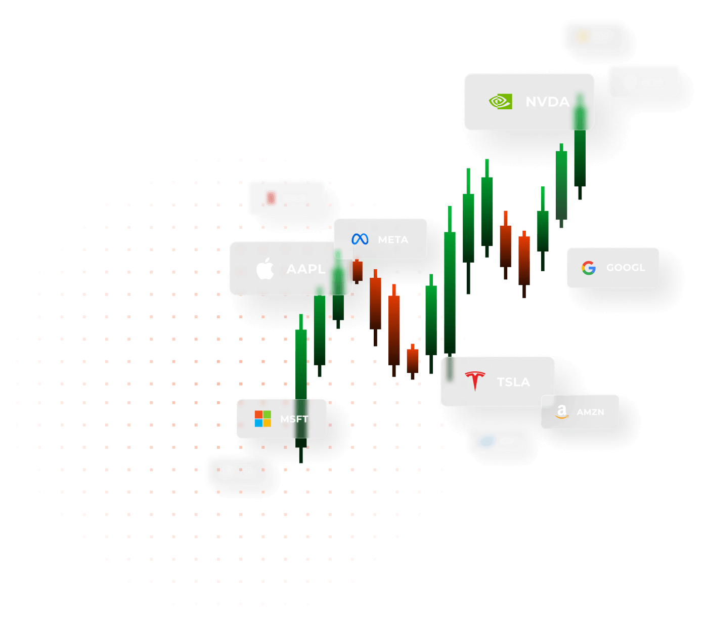 Candlestick chart with floating stock ticker badges for NVDA, AAPL, TSLA, META, GOOGL, MSFT, and AMZN