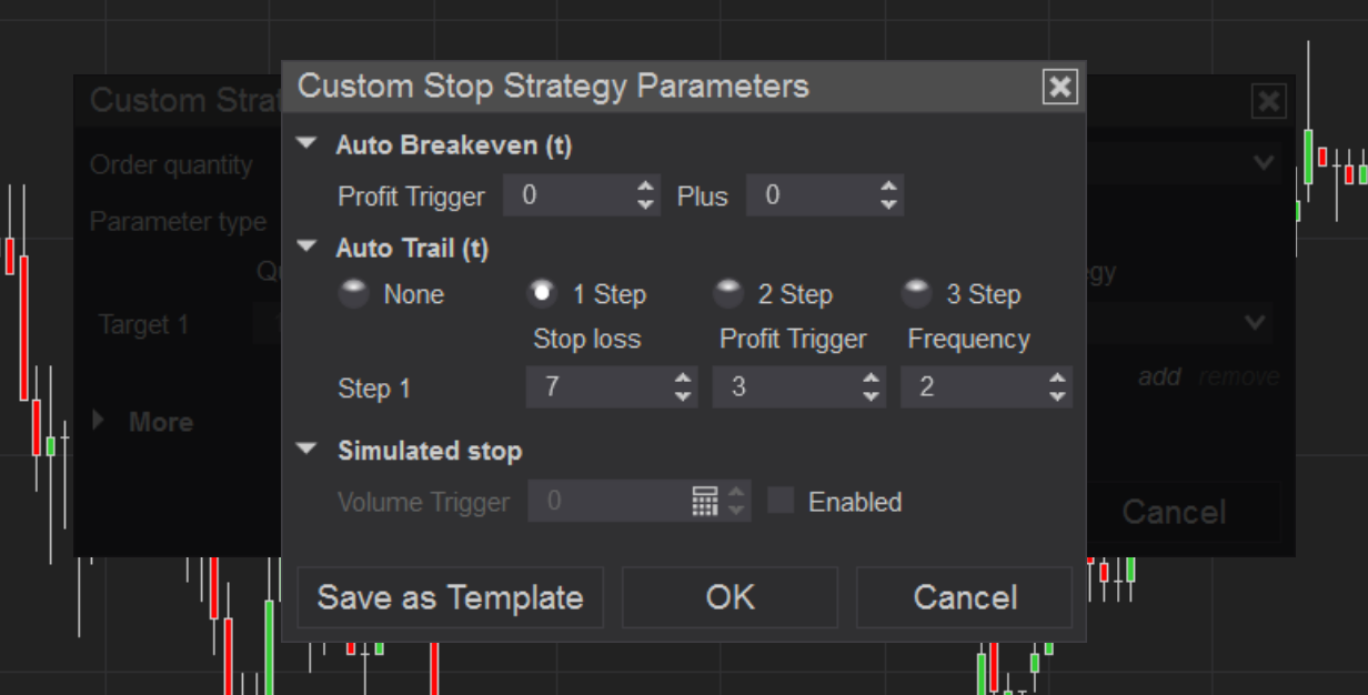 NinjaTrader Custom Strategy Parameters menu for entering custom trailing stop-loss order strategy parameters.