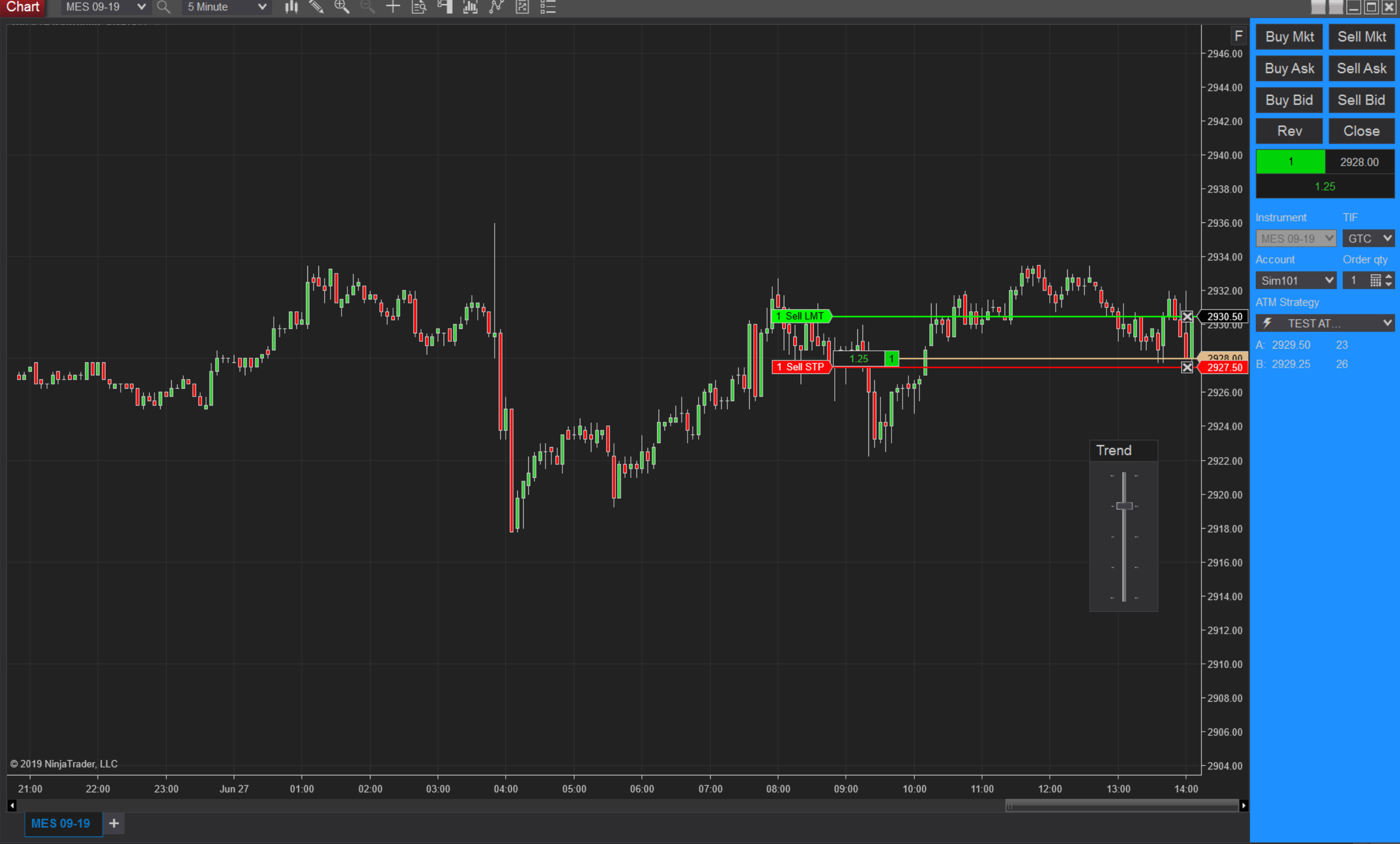 NinjaTrader Stimulated Data Feed for tracking ATM strategies such as trailing stop-loss orders.