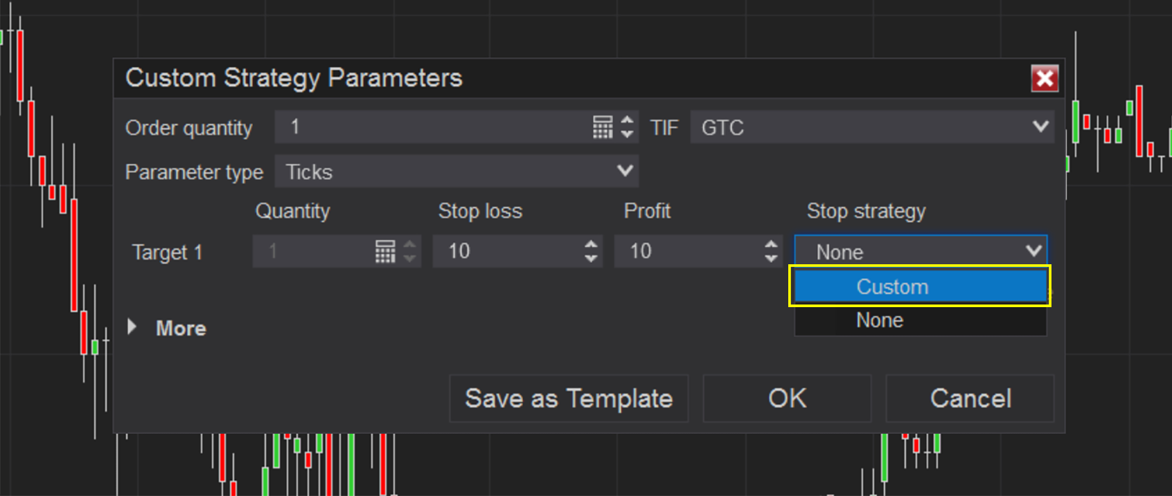 NinjaTrader Custom Strategy Parameters menu for entering custom trailing stop-loss order parameters.