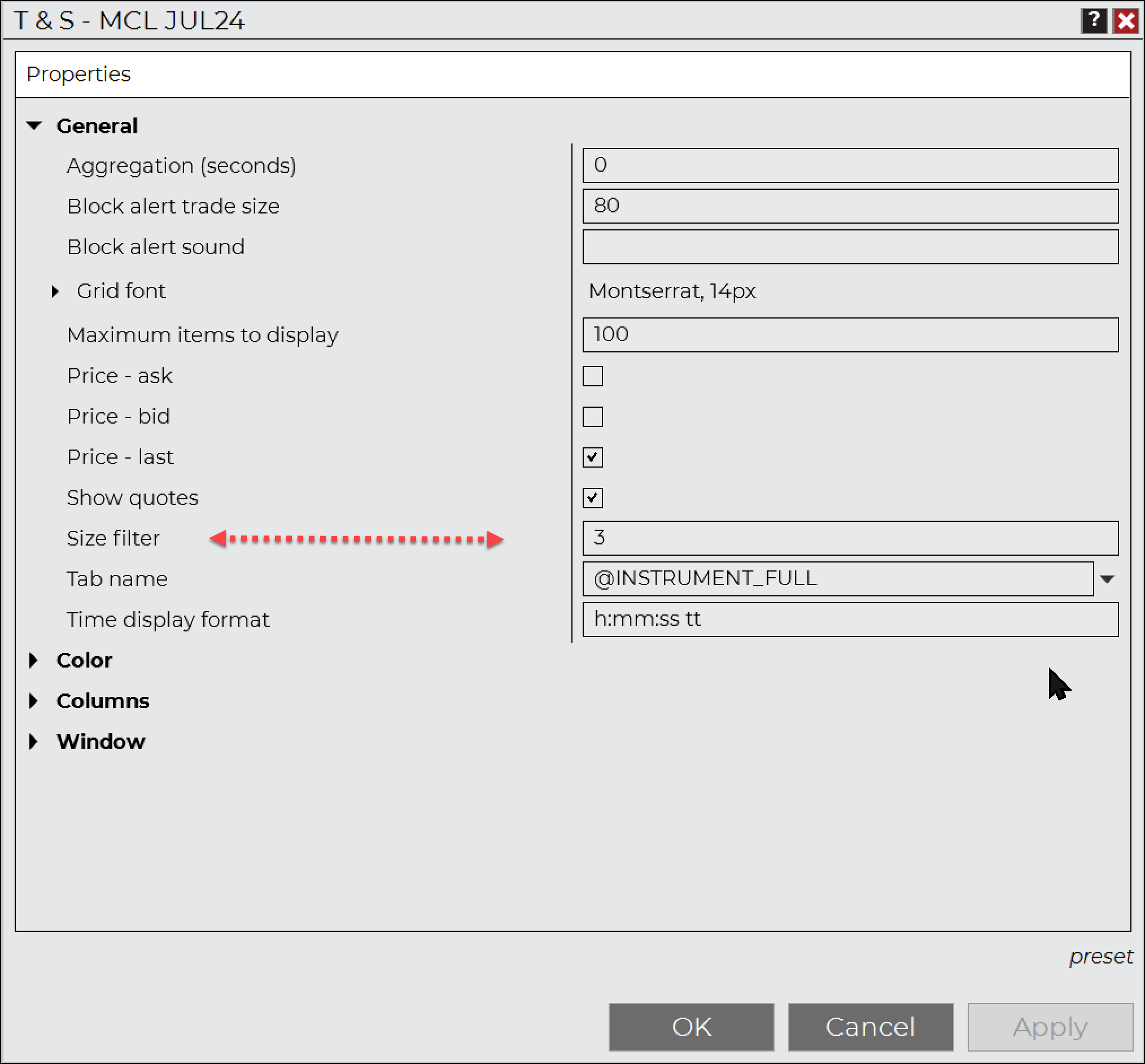 Minimum trade size filter