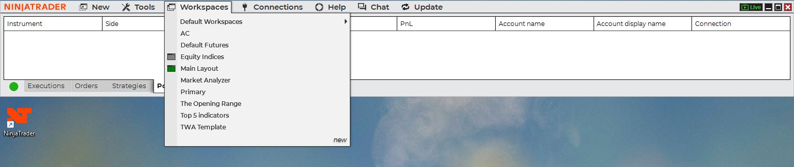NinjaTrader desktop with the 'New' dropdown menu open, and the 'Chart' option highlighted. A candlestick chart of ES SEP25 is visible in the background.