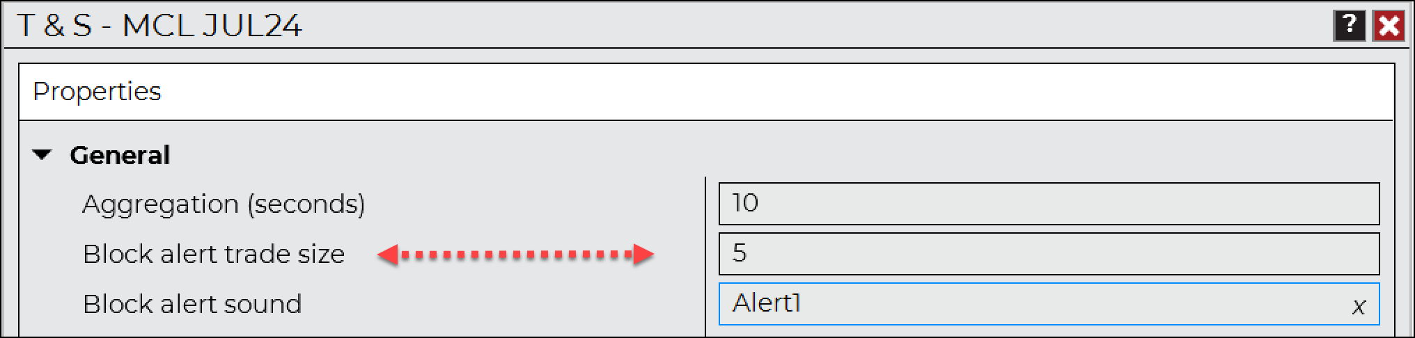 Properties for displaying trade alerts
