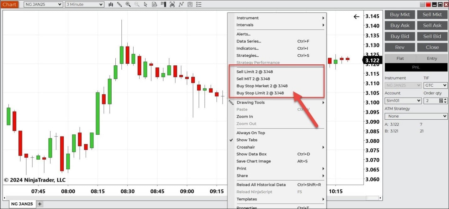 Chart Trading With Right Mouse Menu Order Options