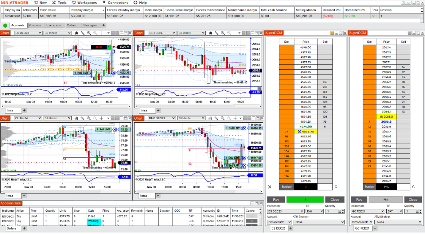 NinjaTrader Desktop Control Center und Workspace-Layout
