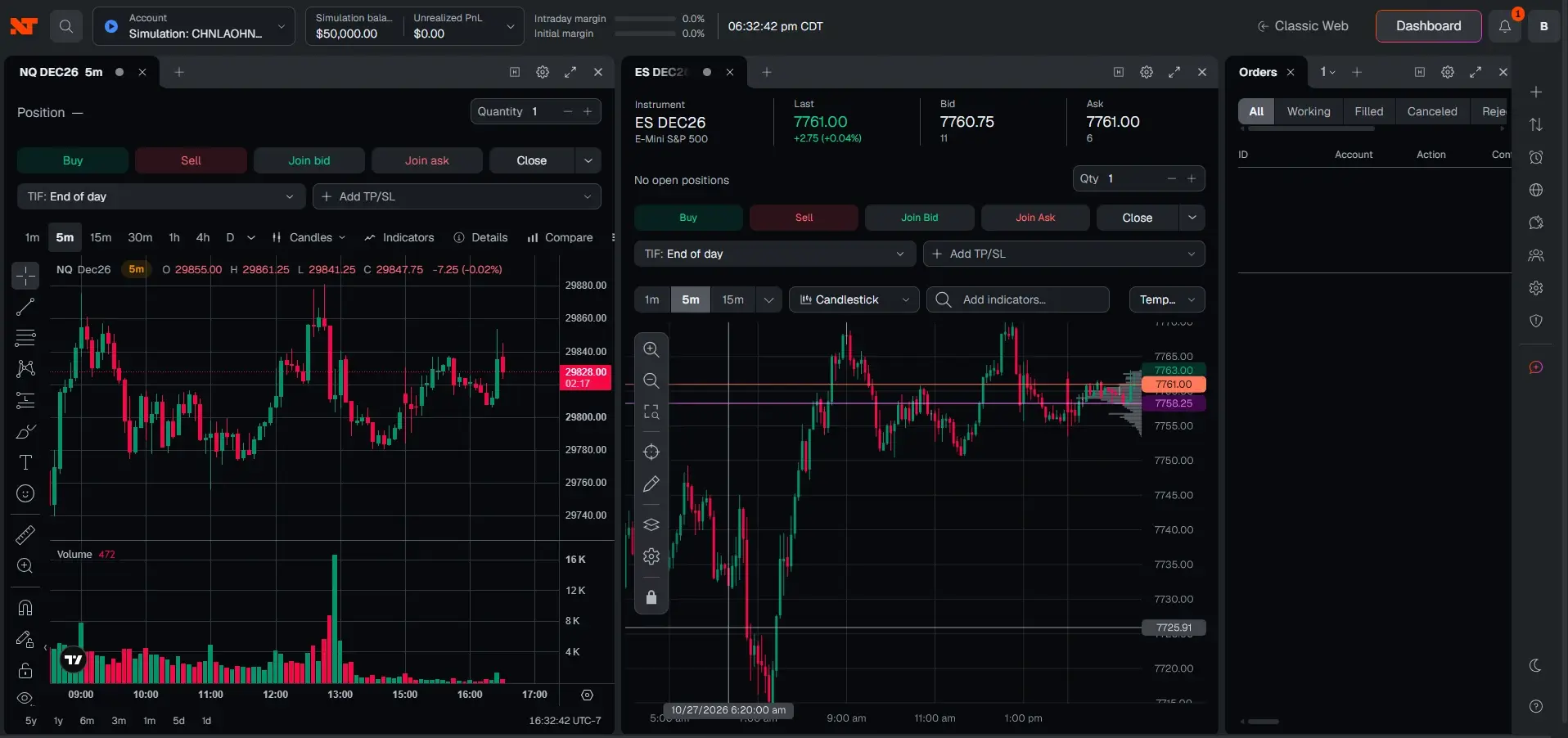 NinjaTrader Web showing Classic Chart alongside the TradingView option