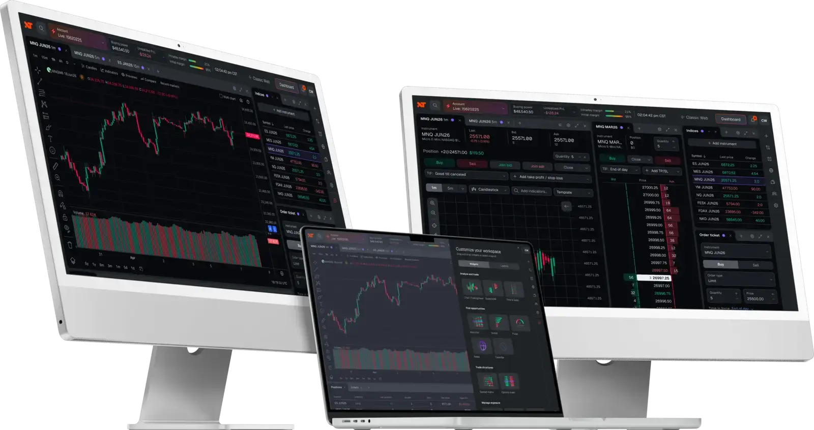 NinjaTrader Web in a browser with a Micro E-mini S&P 500 chart, DOM and watchlist
