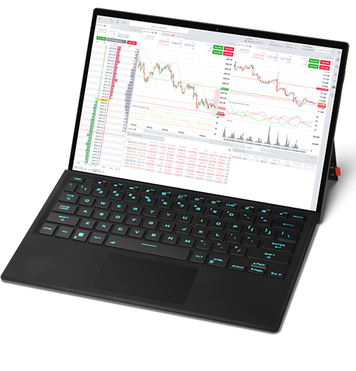 NinjaTrader trading platform displayed on portable device showing futures charts and analysis tools