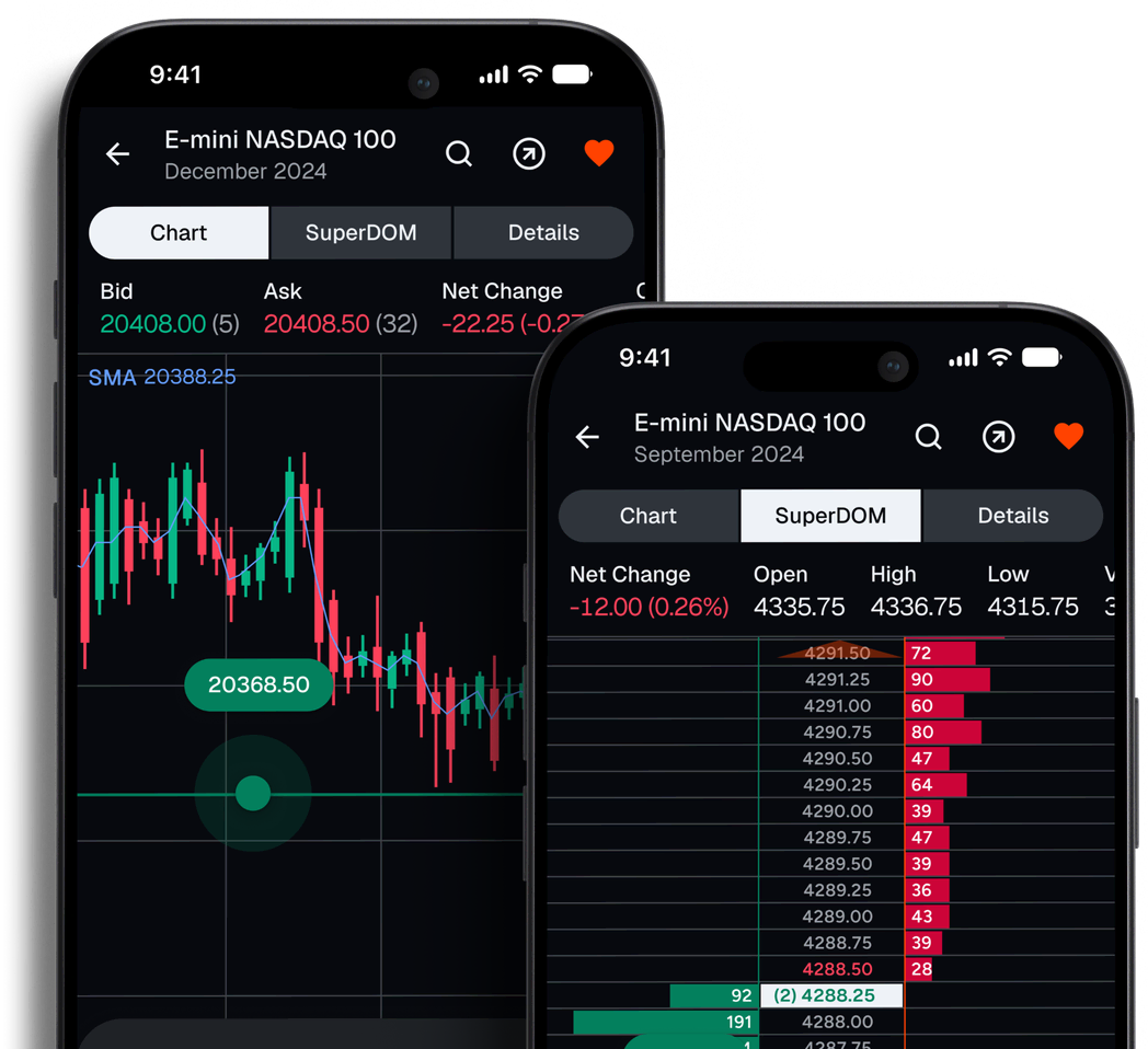 NinjaTrader mobile app showing the Chart and SuperDOM views for E-mini NASDAQ 100