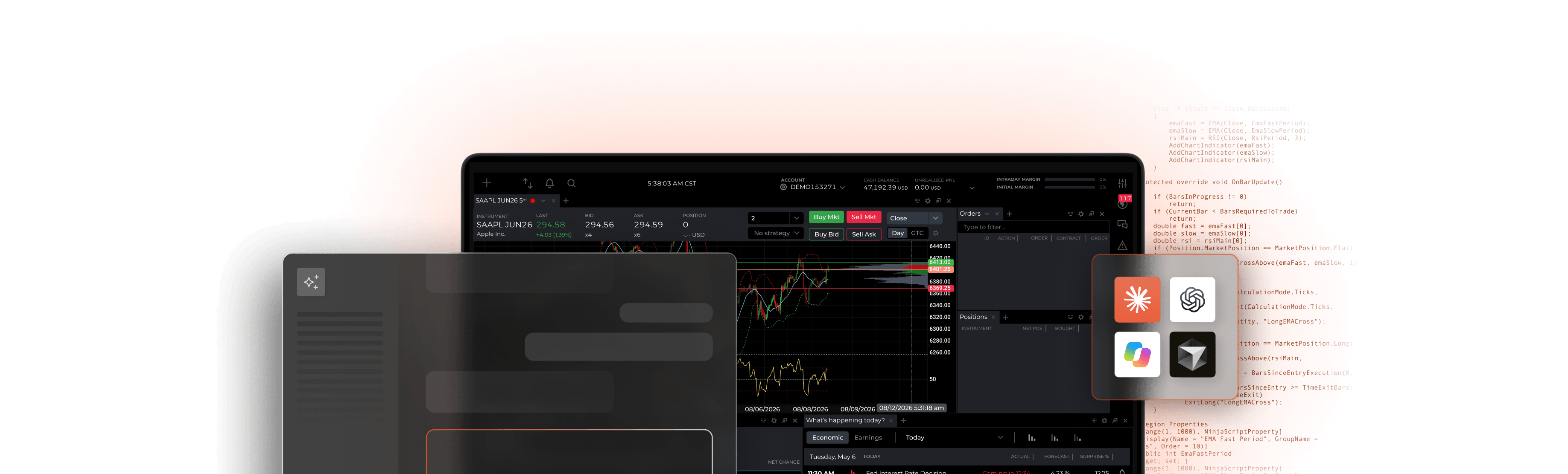 NinjaTrader desktop workspace with an AI assistant panel and connected AI app icons