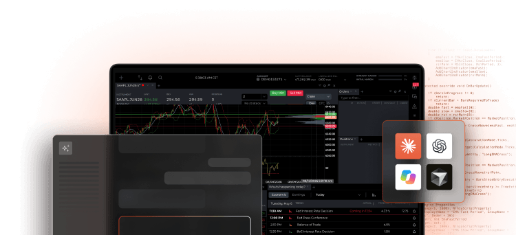 NinjaTrader workspace with an AI assistant panel