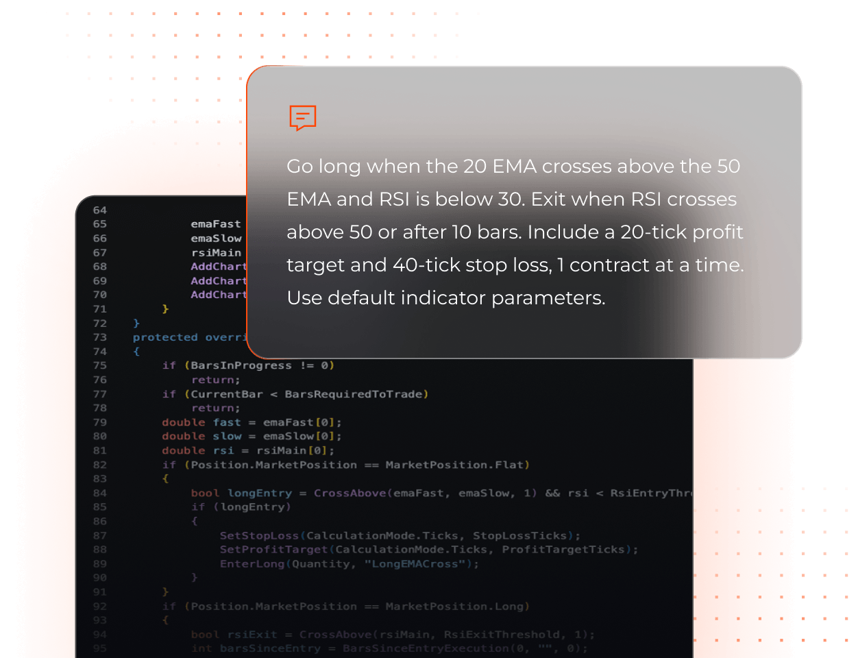 A plain-language strategy prompt compiling into NinjaScript code