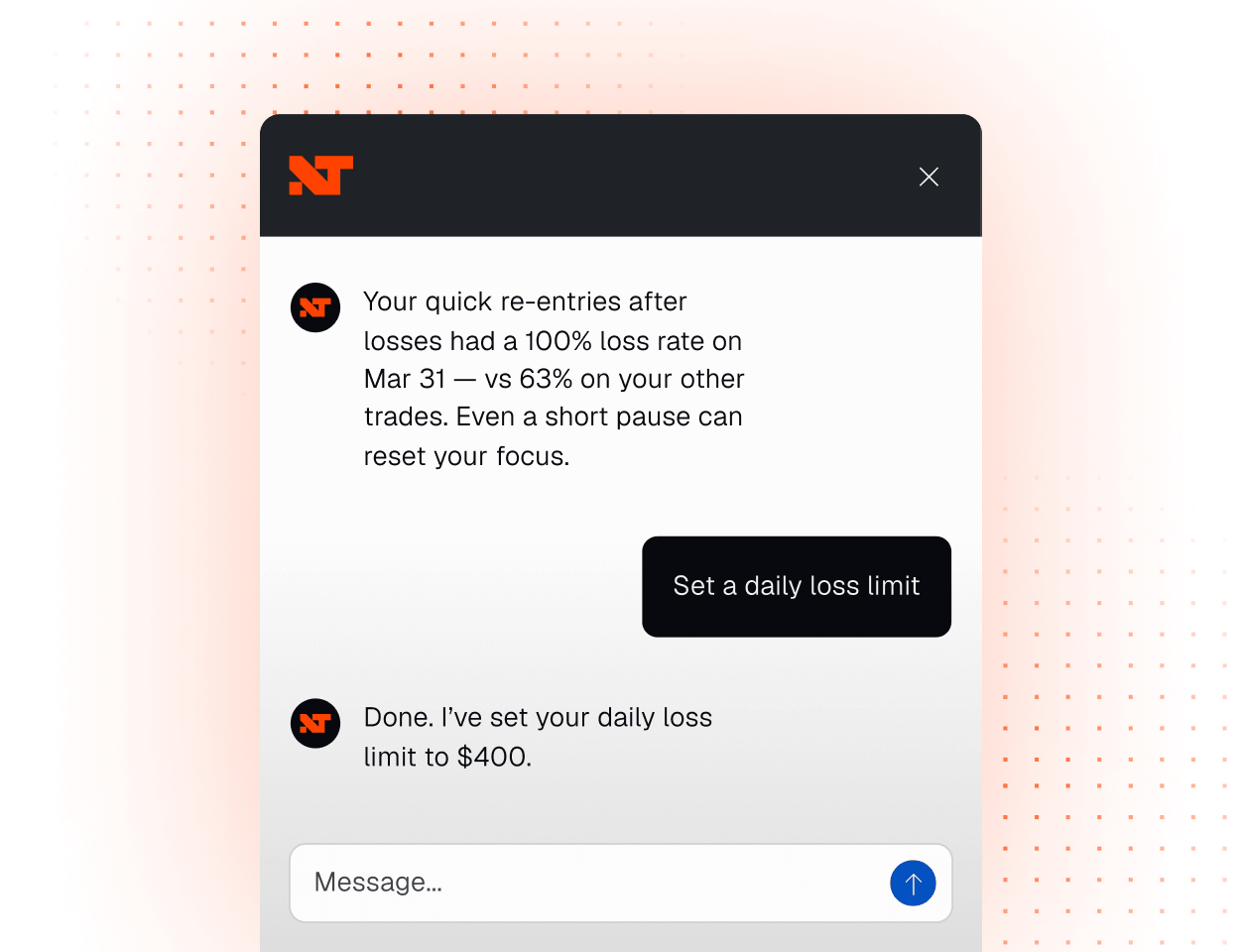 Nina chat panel suggesting the trader set a daily loss limit